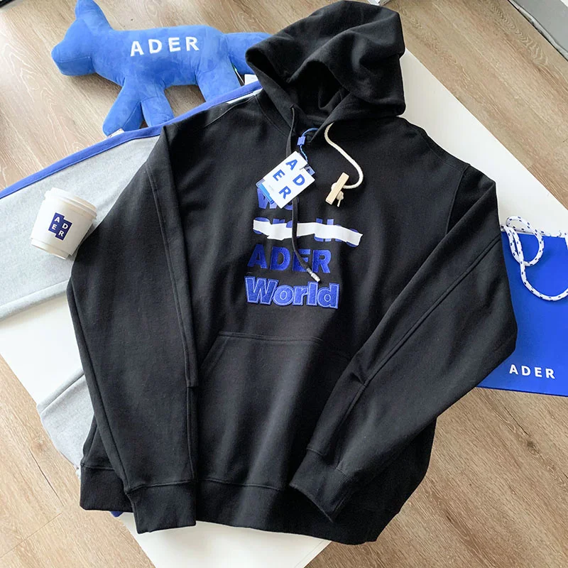 

ADER Black Sweatshirt Men Women Embroidered Letters Loose Hooded Pullover Adererror Couple Top