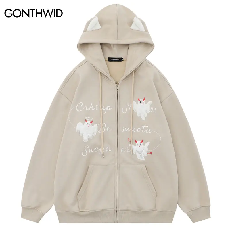 

Толстовка с капюшоном в стиле Харадзюку, уличная одежда с вышивкой дьявола, призрака, надпись, на молнии, с капюшоном, куртка, свитшот, модное пальто в стиле хип-хоп, Y2K