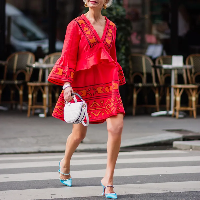 

Summer Dress Women's Vintage Loose Print Ruffles Stitching Dress Women's Casual Flare Sleeve V-neck Mini Dress