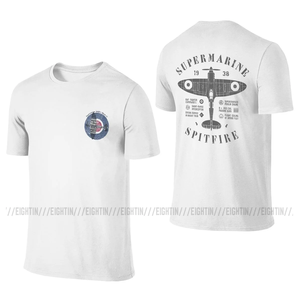 

Front Back Two Sides Supermarine Spitfire Fighter Plane T-Shirt for Men Pure Cotton Tee Shirt O Neck T Shirt Gift Idea Clothes