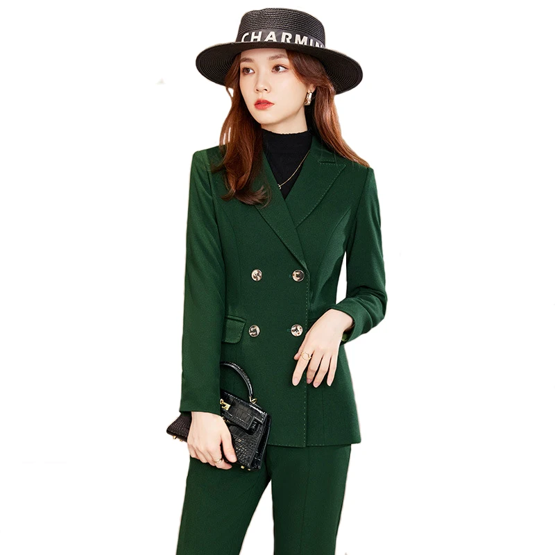 Green High End Suits Women New Autumn Business Formal Temperament Long Sleeve Blazer And Pants Office Ladies Interview Work Wear