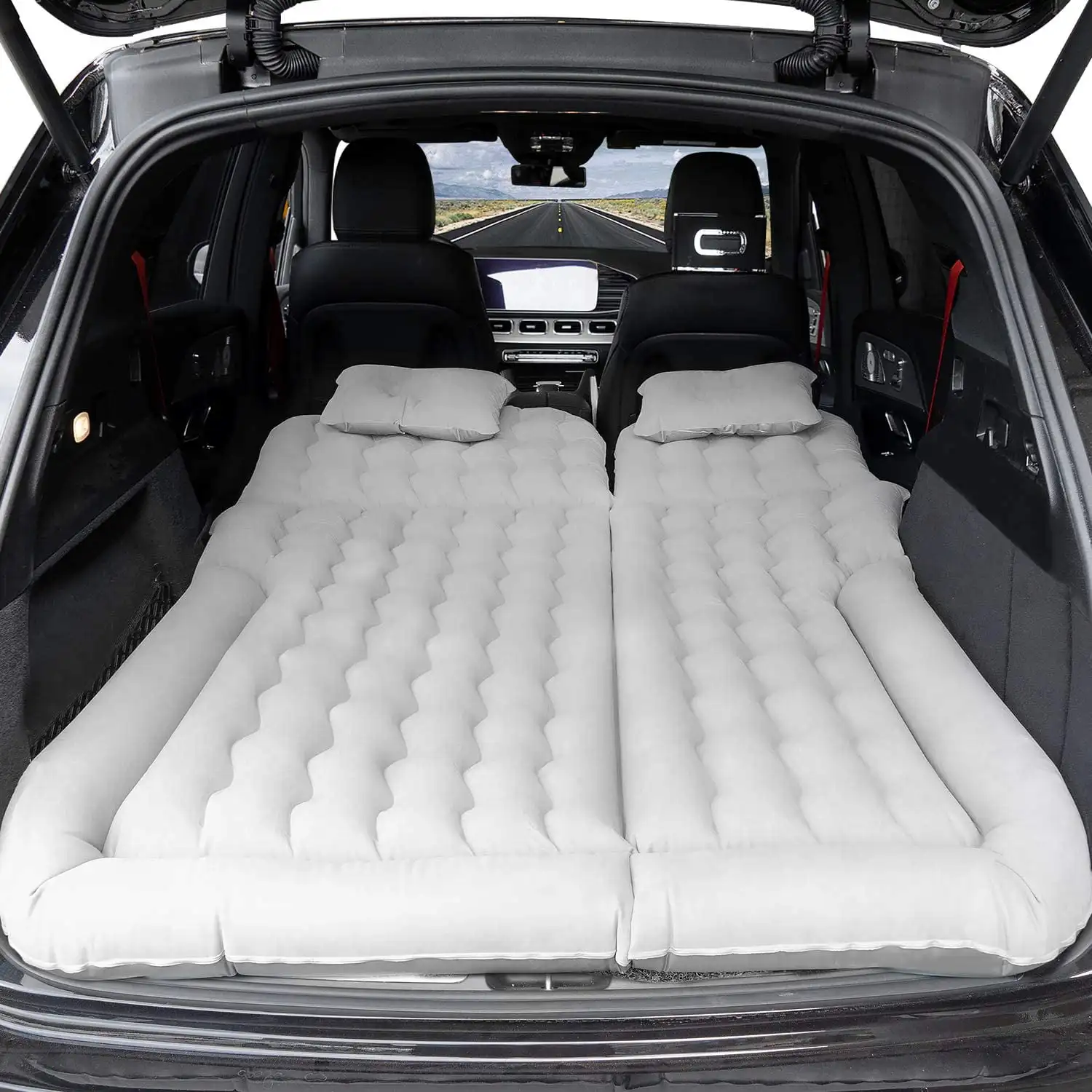 SUV Air Mattress, Inflatable Car Bed with Electric  and Pillow, Flocking Surface, Camping Sleeping Pad for Travel SUV （gray）