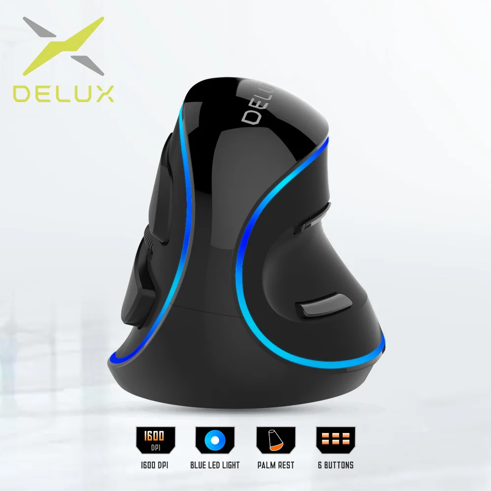 

Delux M618 Plus Ergonomic Vertical Wired Mouse 6 Buttons 1600 DPI Blue Led Light Computer Mice With Palm Rest For PC Office