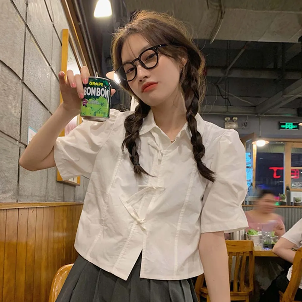 

Women's White Short-sleeved Shirt Niche Design Summer 2022 New French Chic Puff-sleeved Short Top College Style Student Girls