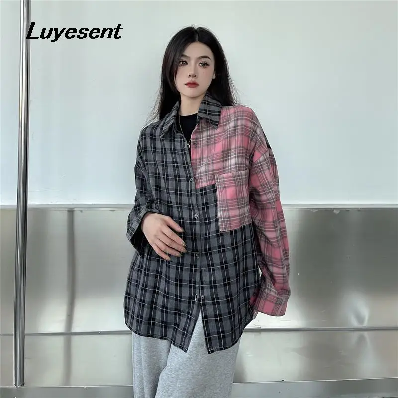 

Женская клетчатая рубашка в клетку, однобортная рубашка контрастных цветов в стиле Харадзюку с длинными рукавами, осень 2023