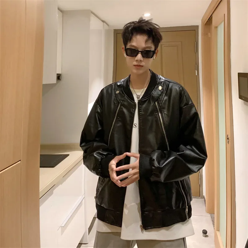 BlackCropped Байкерская кожаная куртка свободного покроя из искусственной кожи