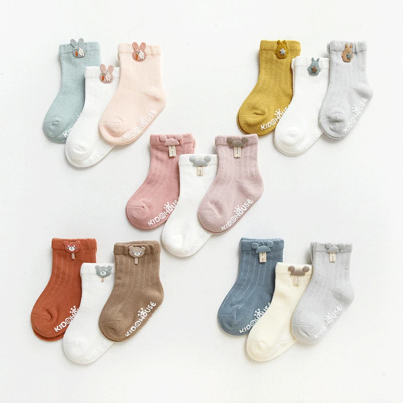 

3 Pairs Infant Sock Cute Cartoon Newborn Baby Socks Four Seasons Dispensing Glue Non-slip Boys Girls Floor Socks 0-5 Years