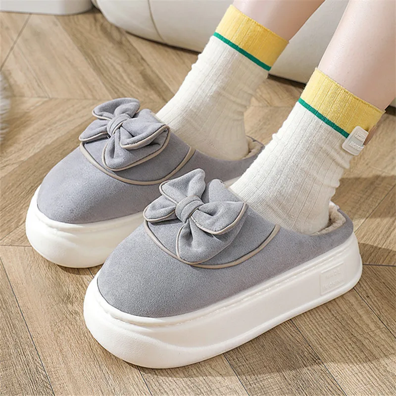 

Shoes Winter Woman Slipper Slides Flock Heeled Mules Butterfly-Knot Med Platform Flat High Rubber Butterfly-knot Short Plush