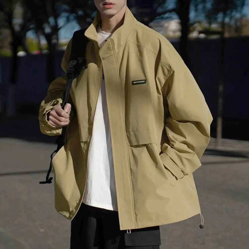 

Куртка мужская с воротником-стойкой, модная простая повседневная однотонная уличная одежда в японском стиле, с надписью, свободного покроя, осень
