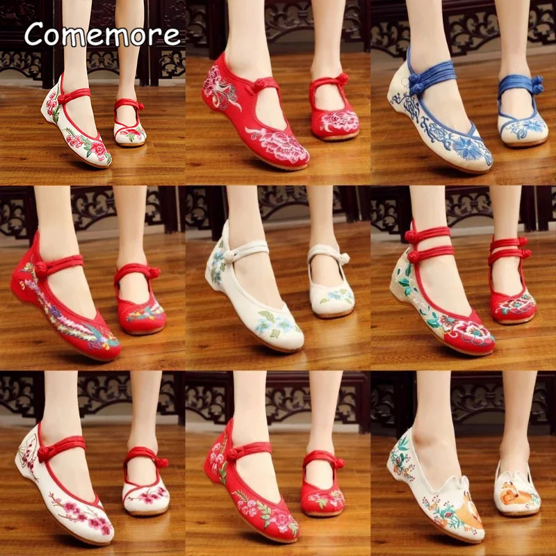 

Женские холщовые балетки Comemore ручной работы, винтажные удобные туфли на плоской подошве с вышивкой в китайском стиле