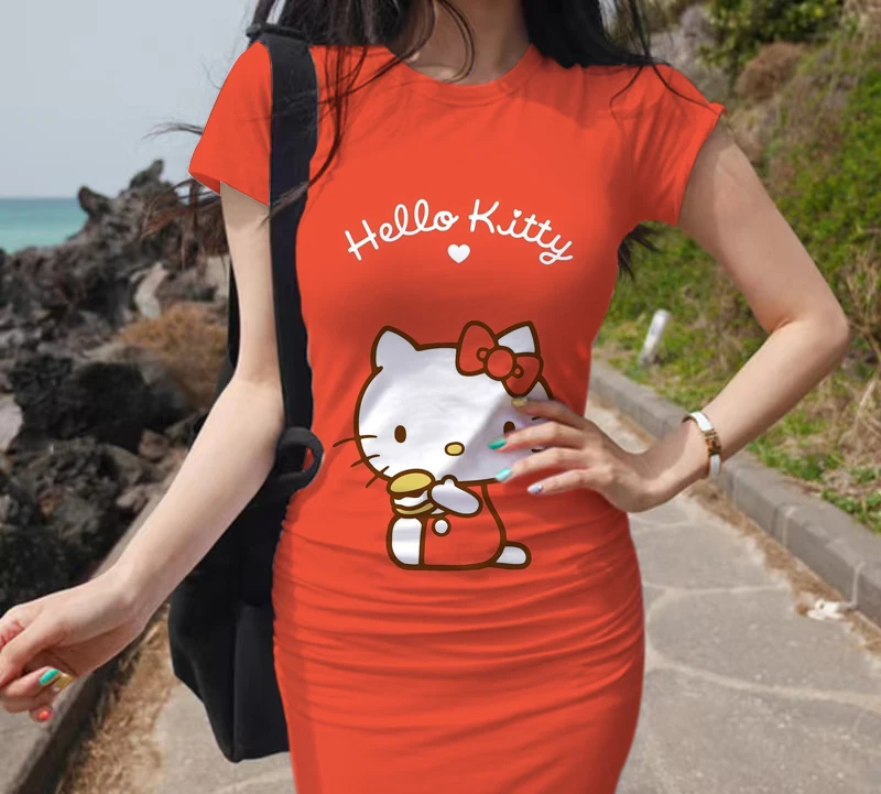 

2022 new round neck package hip skirt sexy summer party mini skirt retro tight sexy European beauty Hello Kitty pattern skirt