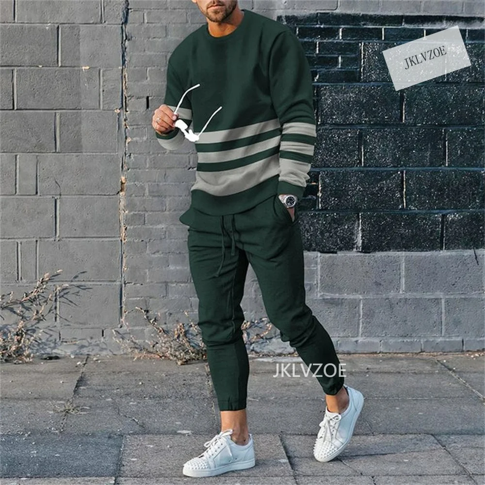 Summer Men's Sportswear Casual Long Sleeve Pants Striped Suit Men's Jogging Training Suit Two-piece Trendy Streetwear Plus Size