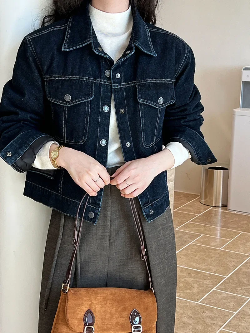 

Korean Retro Style Contrast Stitching Lapel Denim Jacket for Women, Inner Down-filled Thick Warm Winter Short Jackets