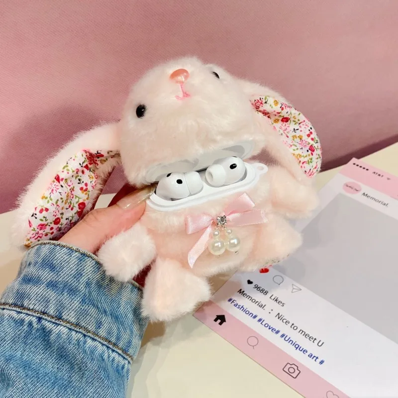 Фото Милый 3D-чехол в виде пушистого кролика для Airpods 4 3 2 1 Pro 2 Pro 3, мягкий плюшевый чехол с цветочными ушками и жемчужным бантом, ударопрочный, кавайный подарок №5