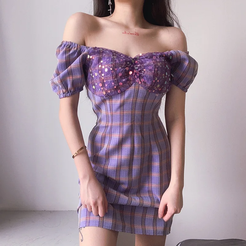 

European and American Style Women's Clothing French Retro Purple Checks Dress Summer Vacation Style Two-Way Bubble Sleeve off-Sh