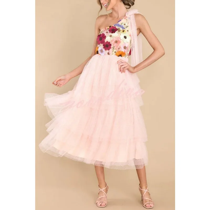 

Женское Сетчатое платье-корсет на одно плечо, с цветочной вышивкой и оборками