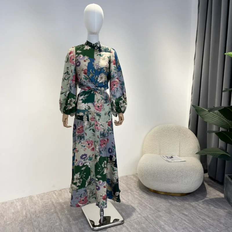 

Waist Cut Long Sleeve Midi Dress Green Red Flower Plants Printing 2022 Autumn Latest Top Quality Ladies Outfit