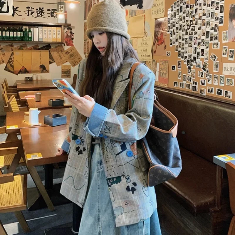 High Street Y2K дизайн граффити клетчатый пиджак куртка свободное пальто на заказ