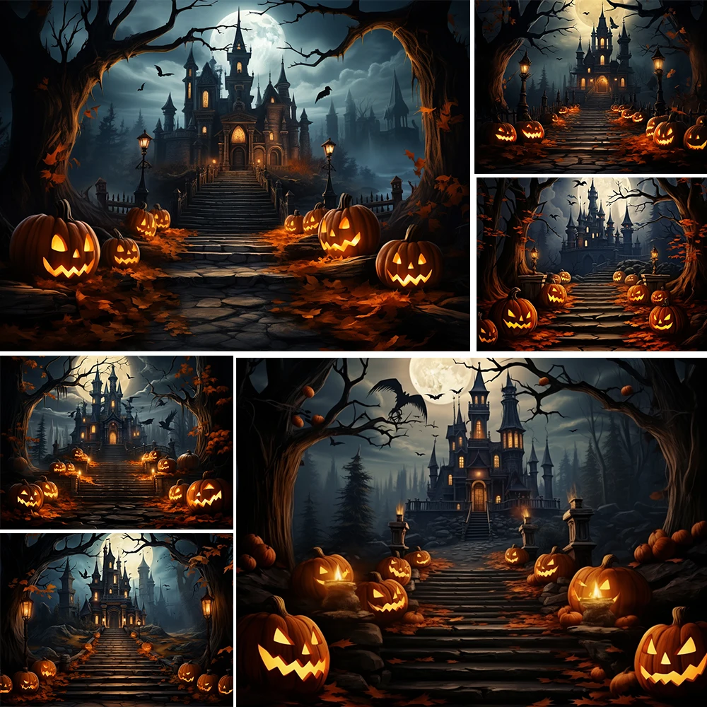 

Mocsicka Halloween Castle Pumpkin Backdrop Child Baby Photocall Props Adult Kids Birthday Photography Gone Bat Background
