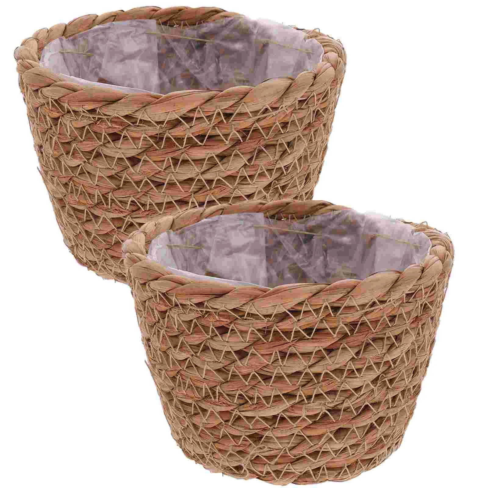 

2 Pcs Woven Storage Basket Straw Flower Pot Rustic Planter Weaving Lining 13X13X9CM Hand-woven Holder Pe Film Baskets Bride