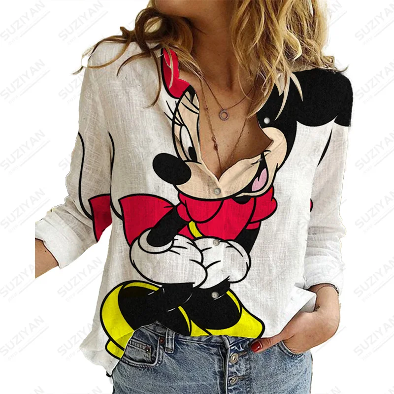 

Fashion New Women'S Top Fashion Long Sleeve Shirt Elegant Turn-Down Collar Blouse Casual Woman Disney Minnie Button