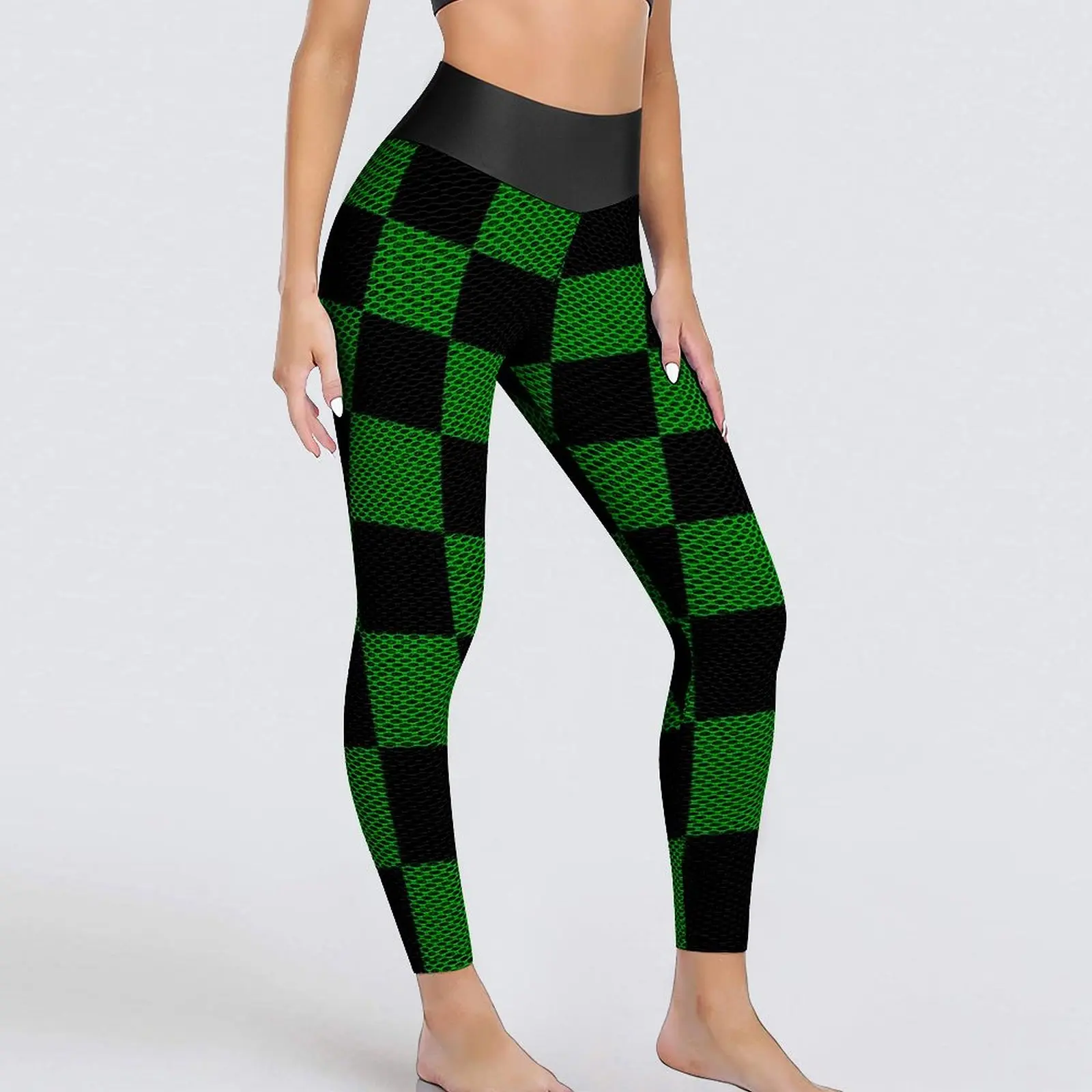

Black And Green Two Tone Yoga Pants Sexy Mod Checkers Printed Leggings Push Up Fitness Leggins Women Cute Stretchy Sports Tights