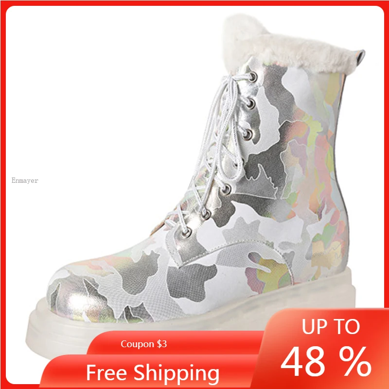 

Printing Size 34-42 Women Ankle Boots Real Leather Thick Fur Warm Winter Shoes Woman Fashion Cool Daily Shoes Boots Ins Footwear