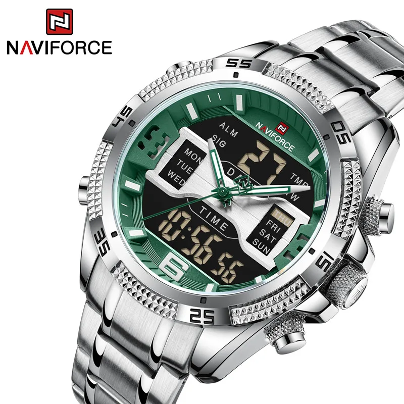 

Часы наручные NAVIFORCE Мужские кварцевые, цифровые модные водонепроницаемые спортивные с браслетом из нержавеющей стали, с ЖК-дисплеем, 2023