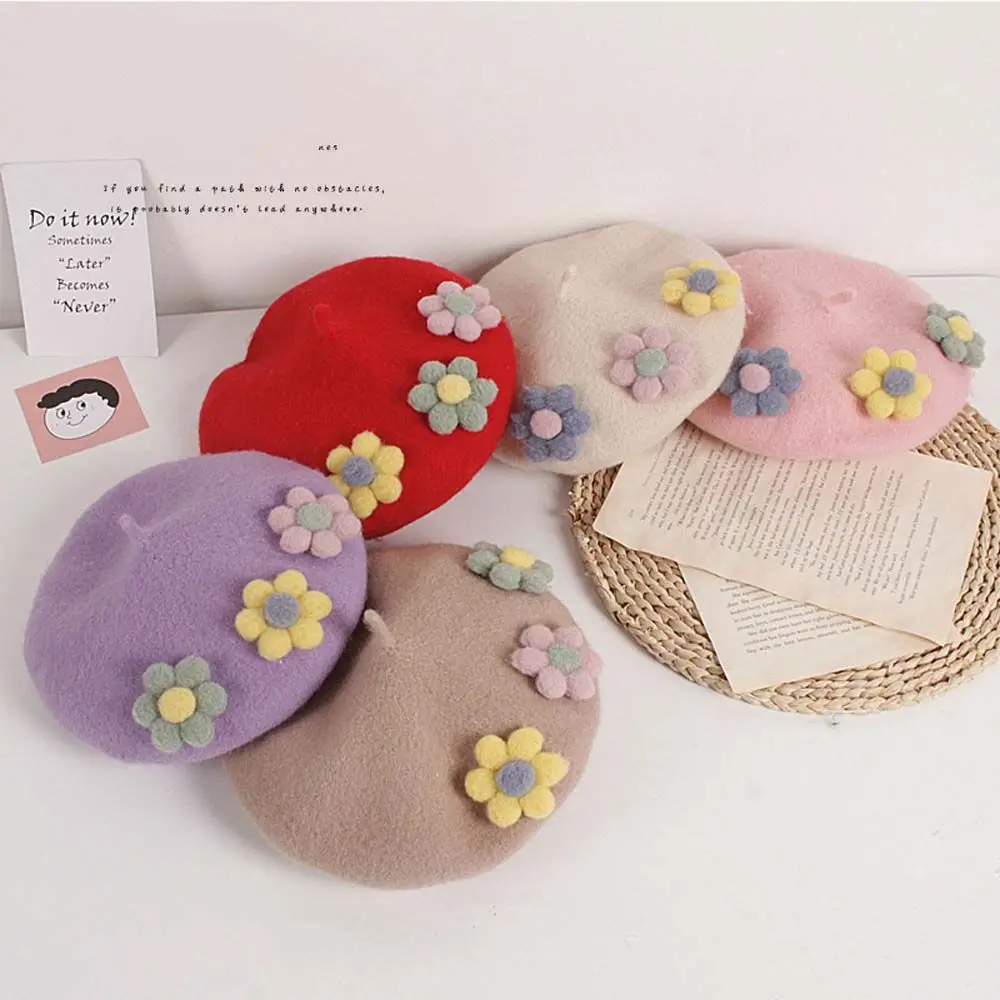 

Princess Floral Toddler Kids Girls Berets Caps Infant Children 3D Flowers Beanies Hats Autumn Winter Warm Caps 2-6 Y