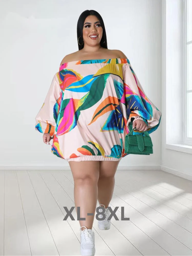 Plus Size Women Clothing Off Shoulder Dress Summer Print Loose Stretch Elegant Mini Dresses Women Whol 3xl 4xl 5xl 6xl
