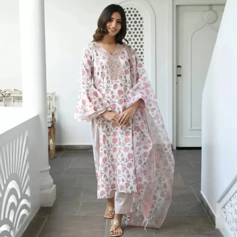 Красивый дизайнерский пижамный комплект из чистого хлопка с принтом Kurta