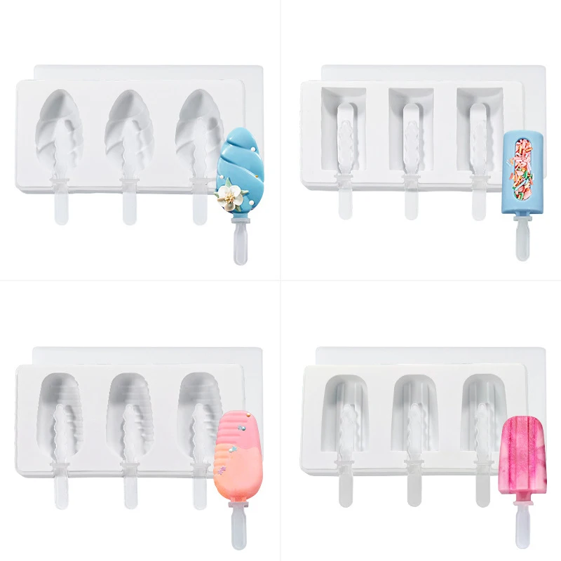 

3 Hole Silicone Ice Cream Mold Popsicle Make Mould with Lid and Stick Summer Ice Cube Tray Kitchen Gadgets Dining Bar Ice Tools