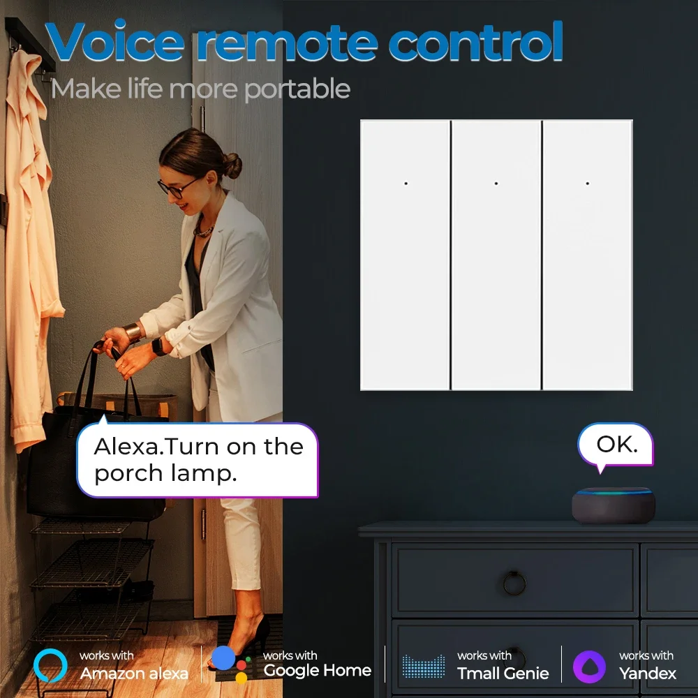 Умный выключатель Tuya настенный с Wi-Fi нулевой линией поддержкой Alexa/Google Home/Alice