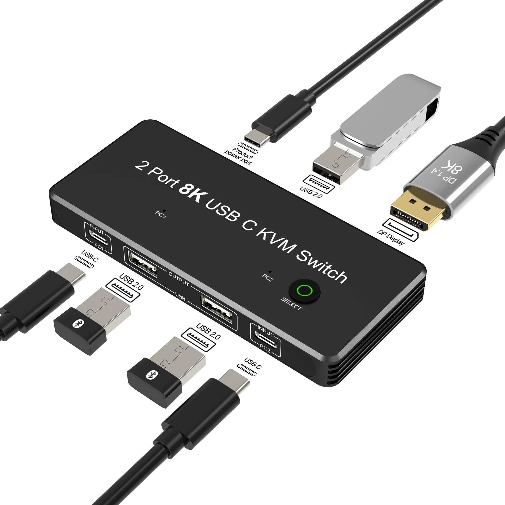 Фото KVM-переключатель USB C, 2-портовый KVM-переключатель 8K, 8K, 60 Гц, 4K при 144 Гц для 2 ноутбуков, монитор с выходом видео USB-C — DP1.4 и концентратором для передачи данных 3xUSB2.0 №2