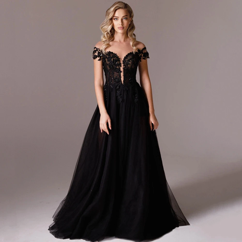 

LYLDS Black Exquisite Evening Dresses For Women V-Neck Off Shoulder A-Line Prom Gown Appliques Button Vestidos De Fiesta D10032