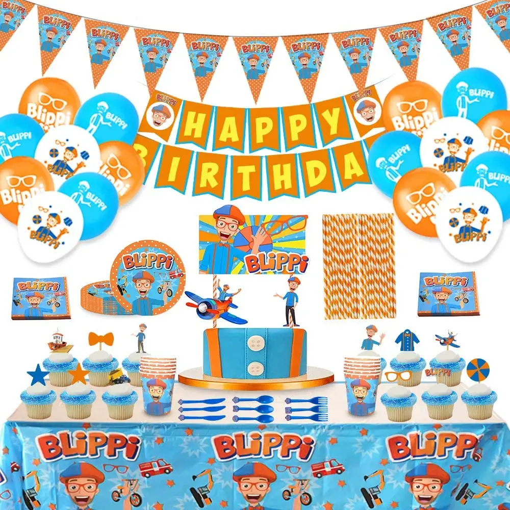 

Blippi Theme Birthday Party Disposable Tableware Paper Cup Plate Napkins Banner Cake Decor Baby Shower Kid Favorite Toy Supplies