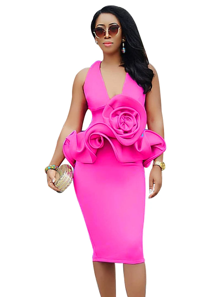 

African Pencil Dresses For Women Appliques V Neck Sleeveless Ropa Mujer Summer New Solid Sexy Elegant Chic African Dress Vestido