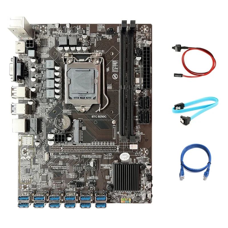 

B250C BTC Mining Motherboard+SATA Cable+Switch Cable+RJ45 Network Cable 12XPCIE To USB3.0 GPU Slot LGA1151 Motherboard
