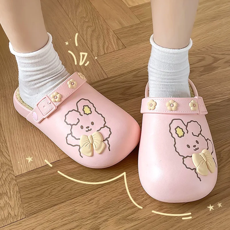 Indoor Winter Women Home Cotton Slippers Waterproof Short Plush Slides Cartoon Rabbit Memory Foam Fur Hairy Warm Ladies Shoes