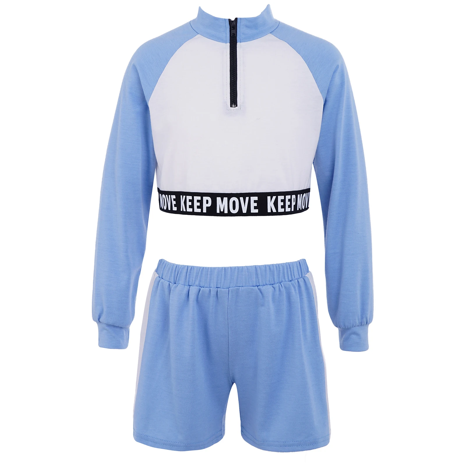 

Kids Girls Sportswear Workout Gymnastics Outfit Long Sleeve Zipper Letter Print Crop Top With Shorts Set Sport Suit 4-14 Years