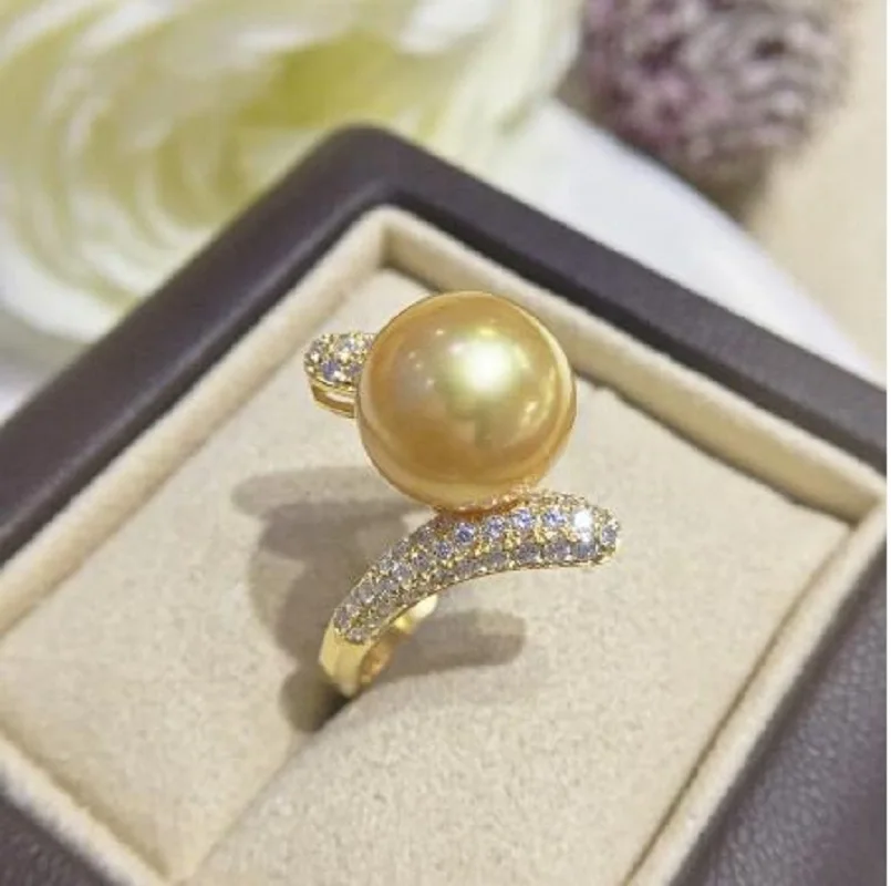 

Gorgeous HUGE AAAAA 11-10mm ROUND natural south sea Golden pearl ring 925S...