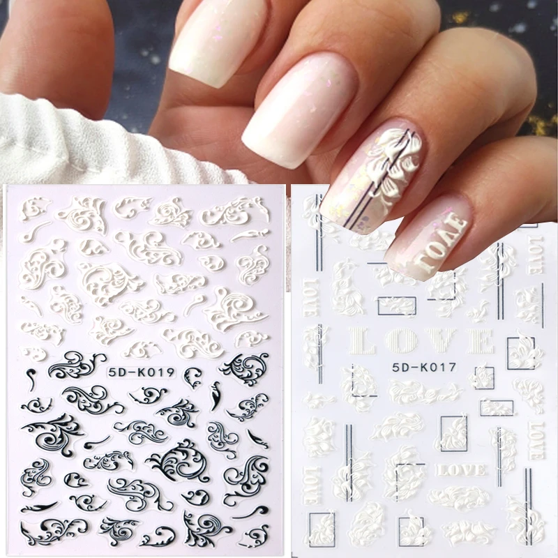 

Embossed Flower Lace Nail Stickers 5D White Acrylic Engraved Design with Textured Slider Decals DIY Manicure Decoration 1PCS