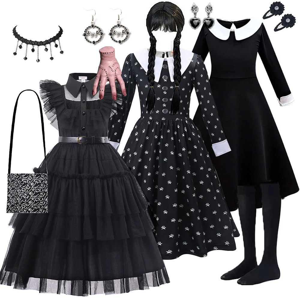 Halloween Wednesday Merlina Addams Girl Costume For Kids Girl Fancy Carnival Party Tulle Dress Gothic Outfit Vestidos Children