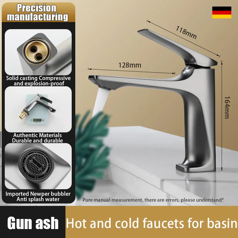 

Bathroom basin, washbasin, high-end cold and hot mixed faucet, matte gun, gray gold proportion design with water pipe