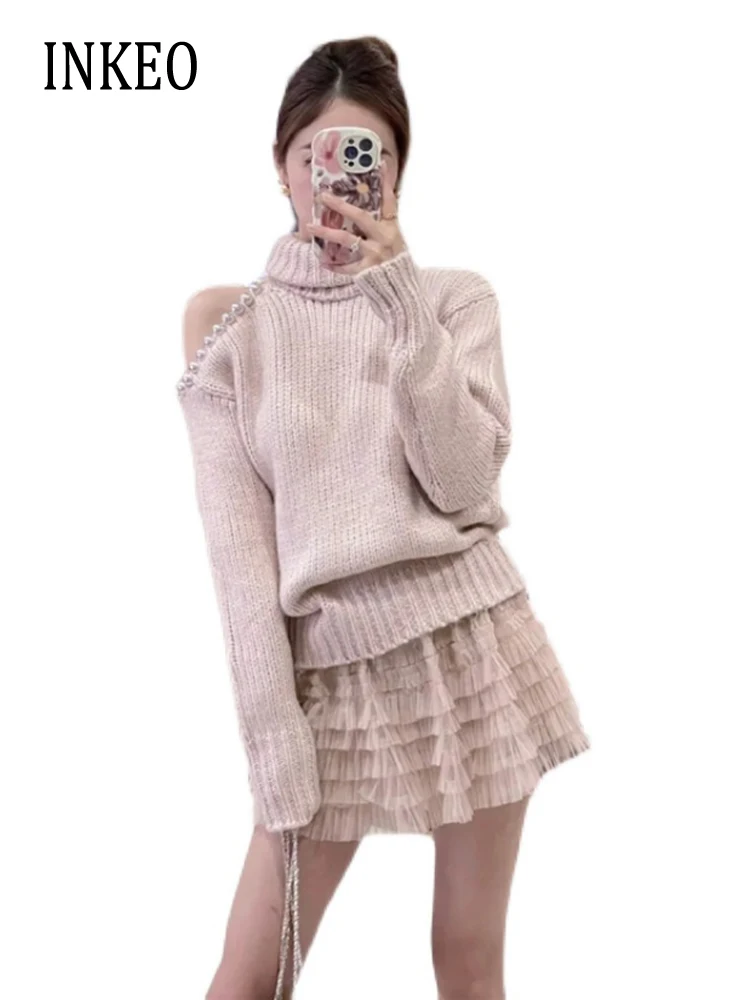 

Streetwear Women Pearl beading Sweater Turtleneck Off shoulder Pullover Knitted tops 2023 New Pink Sexy Jumper Warm INKEO 3T025