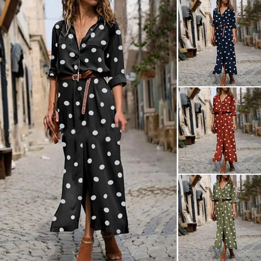 

Женское длинное платье-рубашка на пуговицах, повседневное праздничное пляжное платье с длинным рукавом, винтажные платья-Макси в горошек д...