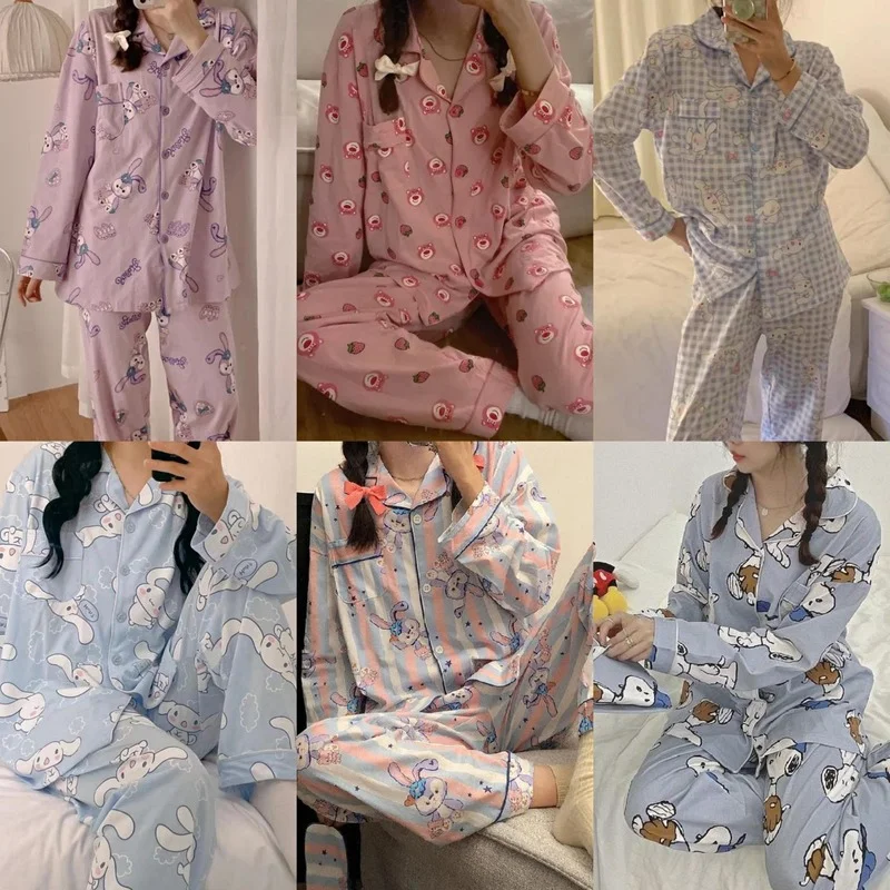 

Kawaii Sanrioed Anime Cartoon series mymelody Cinnamoroll Kuromi cute fashion Loose Long Sleeve Pajama Set Casual Home Wear