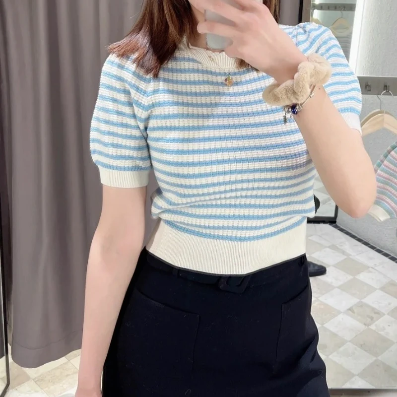 

Women T-shirt 2023 Spring and Summer New Color Striped Puff Sleeve Knitted T-shirt
