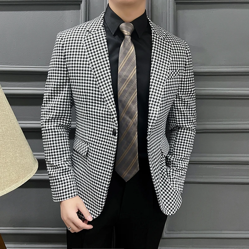 Новый Блейзер Мужская мода деловой джентльмен Ретро клетчатый тренд приталенный