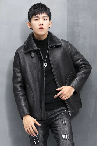 

Мужская куртка из натуральной овечьей кожи, черная теплая шерстяная куртка на осень и зиму, Gmm349